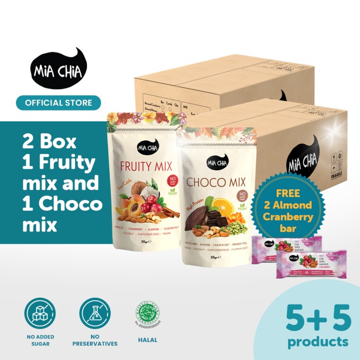 

Jual Mia Chia Fruity & Choco Trail Mix - 1 Box (5 Pcs + 5 Pcs)