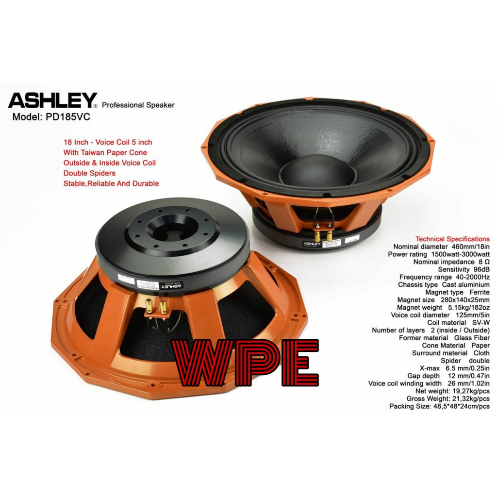 KOMPONEN SPEAKER ASHLEY PD185VC/PD 185VC 18 INCI COIL 5IN 3000 WATT