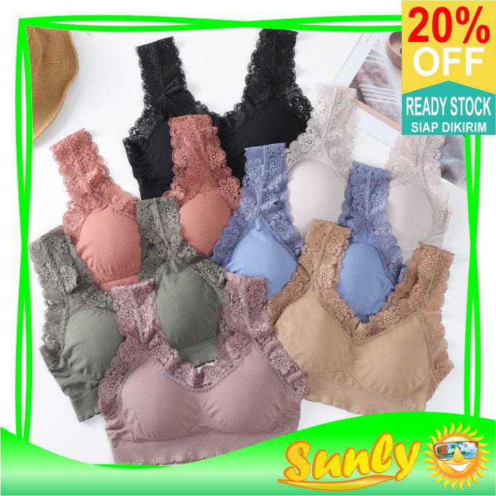 ☀ Sunly ☀ A132 Bra Wanita Sports Bra V-Neck Aksen Hem Lace dengan BH Pad Busa Import