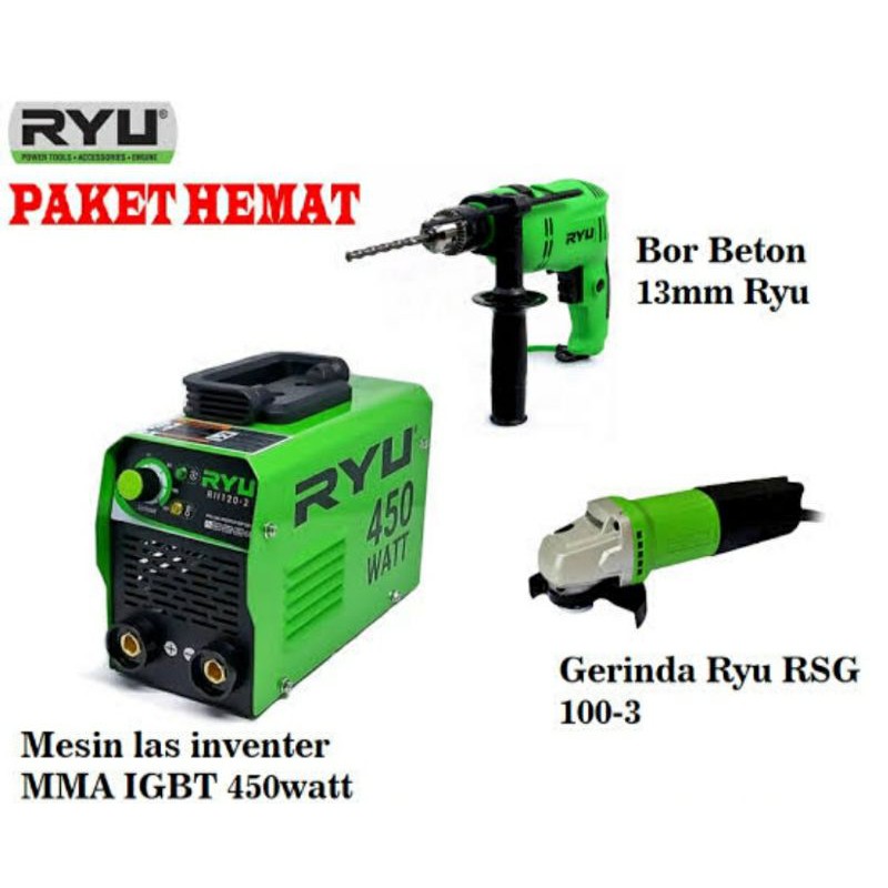 PAKET Hemat 3 ITEM Mesin Las 450 Watt RYU 120a Trafo Travo Las RII 120-2 + Mesin Gerinda 4 inch RSG 100-3 +Bor Ryu 13 mm RID 13-1RE MURAH ORIGINAL BERGARANSI