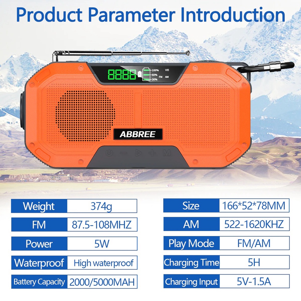 ABBREE Radio Solar Emergency Hand Crank FM/AM Portable Powerbank 5000 mAh Dan Senter IPX5