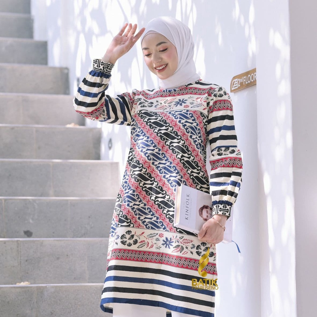 MADINA TUNIK Batik Wanita Blouse Kantoran Seragam Kerja Atasan kekinian Katun Premium Lengan Panjang Baju Muslimah Prabuseno Asli