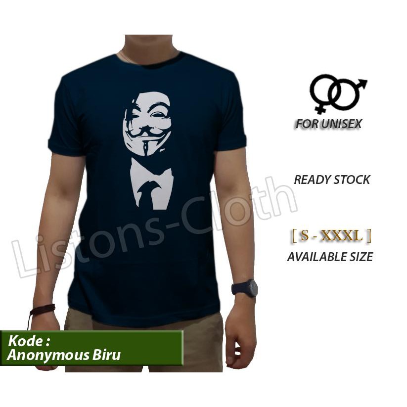 Kaos distro anonymous hacker biru tshirt pria baju cowok pakaian