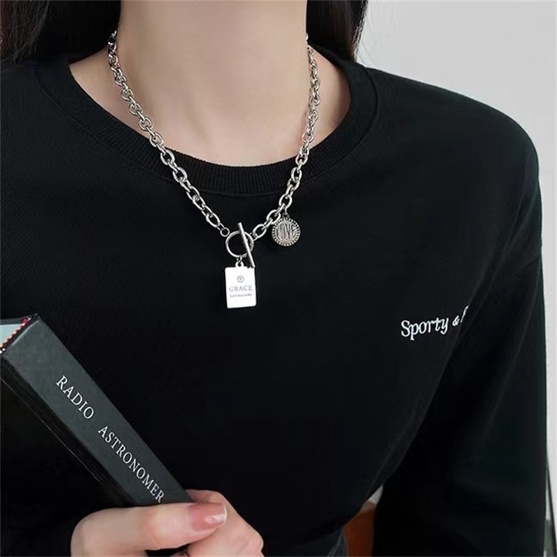 Kalung Rantai Liontin Tag Persegi Bahan Titanium Steel Gaya Hip-Hop Untuk Pria Dan Wanita