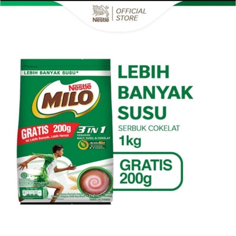 Milo 3 in 1 Pouch 1kg free 200gr