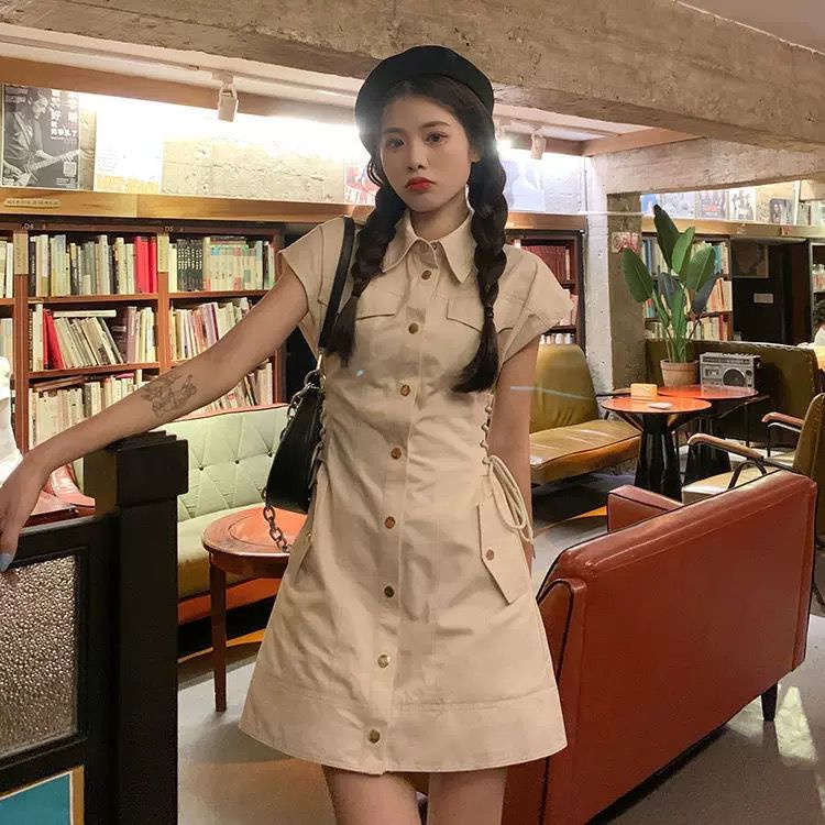 [littlecrab] Dress Wanita Cream Berkerah Full Kancing High Class Dress Berkualitas Street Style Dress High Quality Dress Pendek Tanpa Lengan Model Leher Kerah Dress Simple Elegan Casual Korean Style