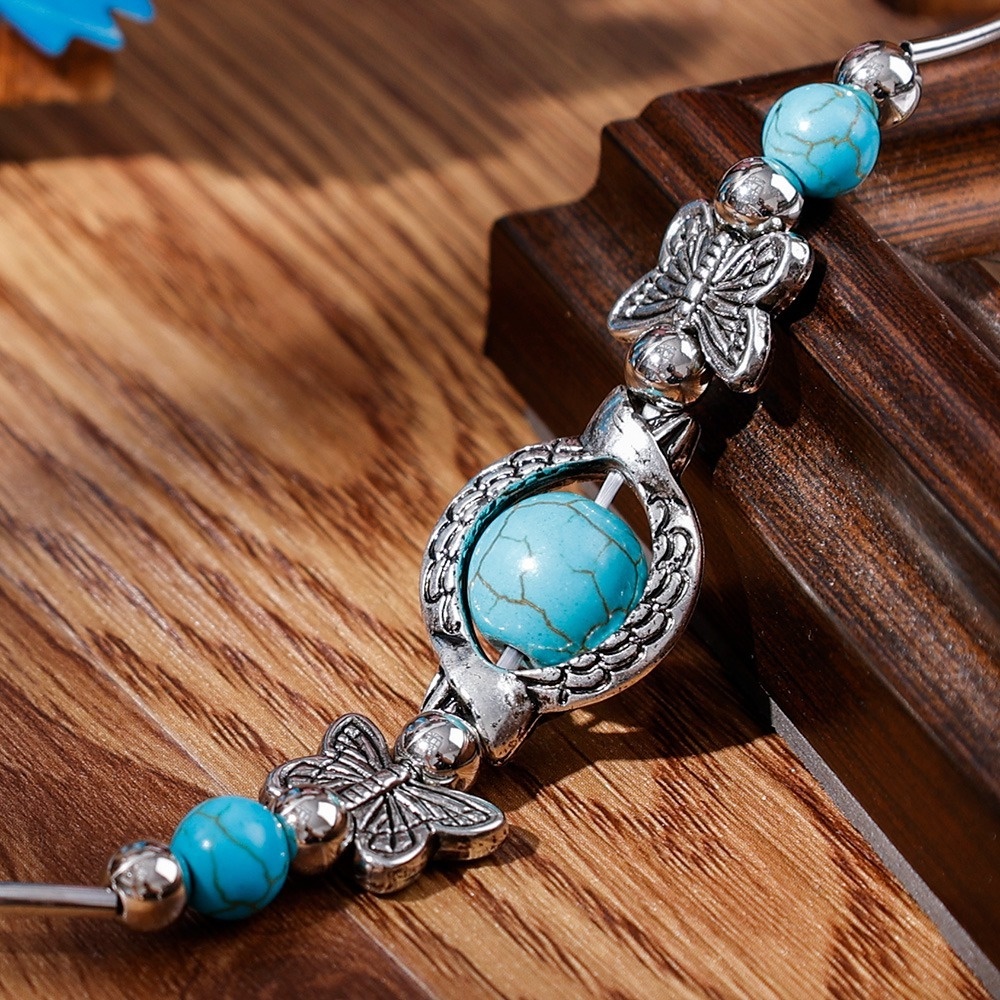 Gelang Bangle Manik Turquoise Biru Hias Kupukupu Gaya Boho Vintage Untuk Wanita