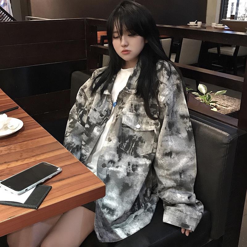 jaket korean style wanita loose denim jacket women s tie dye ripped casual long sleeve work jacket t