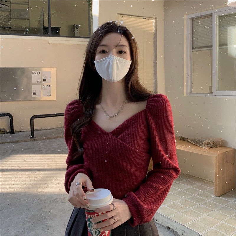 Suhao American Tops Square Neck Knit Wanita Sweater Merah Pendek Rasa Prancis Atasan Lengan Puff