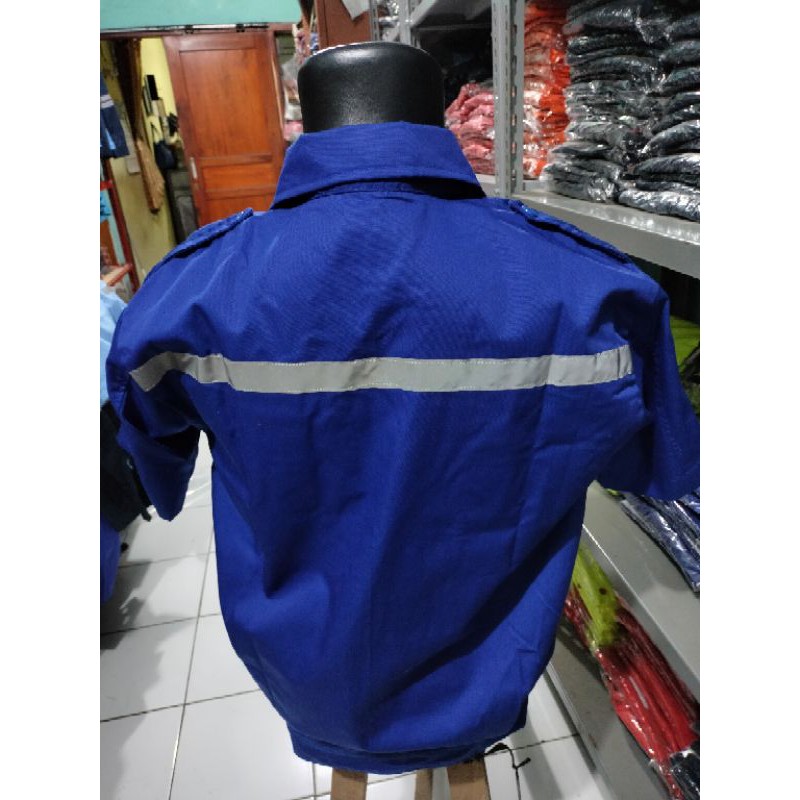 LENGAN PENDEK RESLETING BAJU SAFETY BIRU WEARPACK ATASAN BERLOGO K3 BENDERA