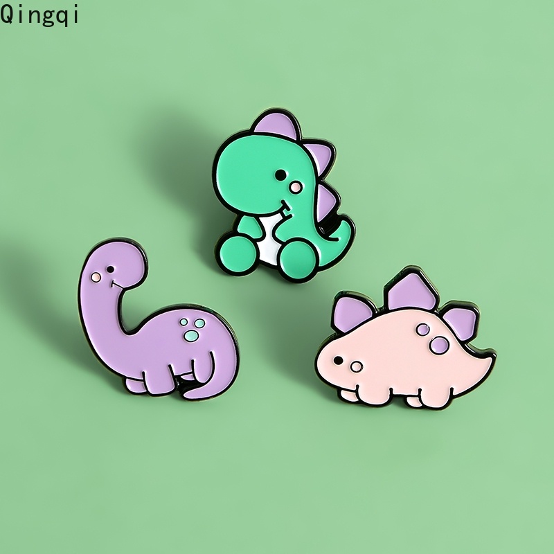 Bros Pin Enamel Desain Kartun Dinosaurus Warna Hijau Ungu Pink Untuk Pakaian Tas