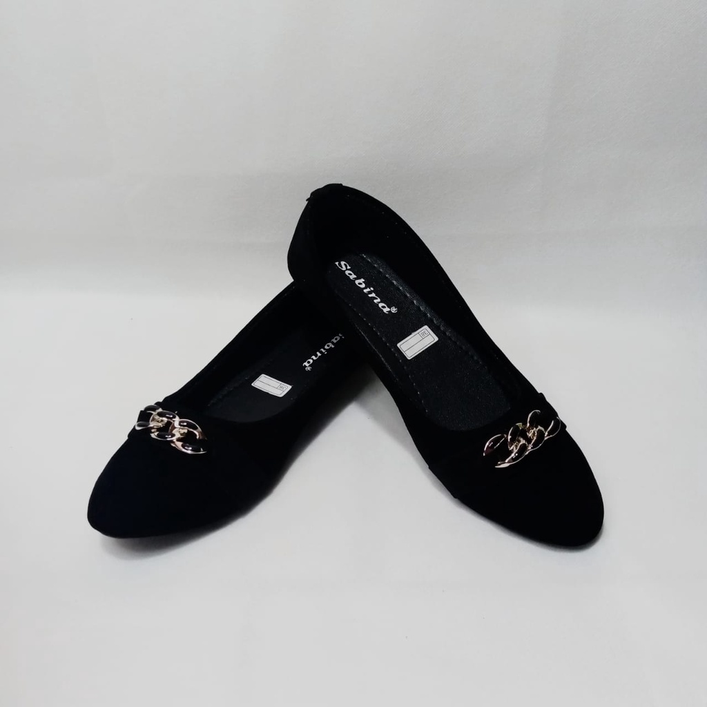 Sepatu balet wanita simple kekinian flatshoes sol karet viral 2022 sepatu hitam variasi rantai emas