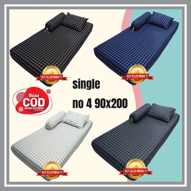 Sprei single set motif kotak aesthetic hitam putih biru abu seprai karet sudut homemade bahan katun