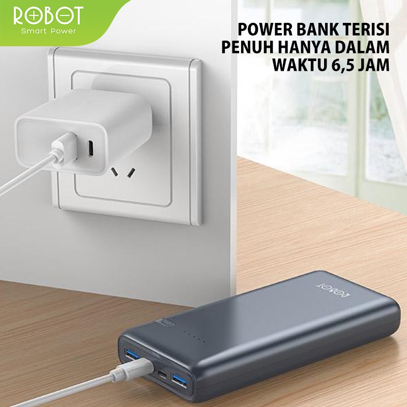 (GA2) PowerBank ROBOT 20000mah RT21 2.4A Dual Input Port Type C &amp; Micro USB Original Fast Charging Real Capacity LED Indicator - Garansi Resmi 1 Tahun