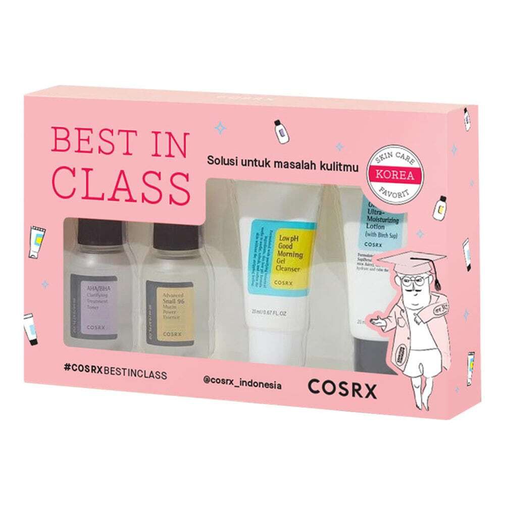 (BPOM Dijamin ORIGINAL) Paket 4 Pcs Kit Cleanser Toner Essence Mousturizer - Cosrx Best In Class Favorites / Mini Trial Travel Starter Kit - Facial wash 20 ml, Toner AHA BHA 30 ml, Esence Snail 30 ml, Mousturizer Cream Lotion 20 ml Crosx Corsx Cros