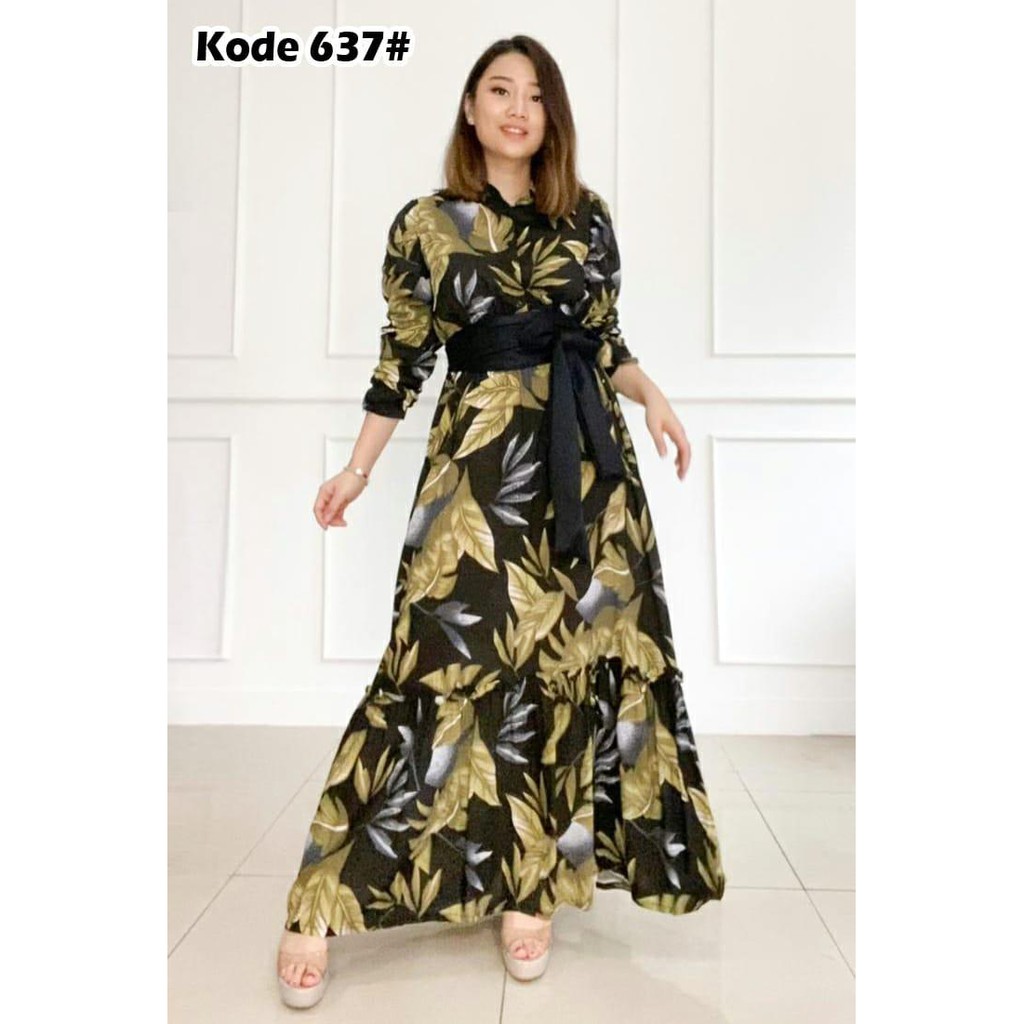 637#gamis fashion muslim terbaru/gamis motif daun// fashion gamis wanita