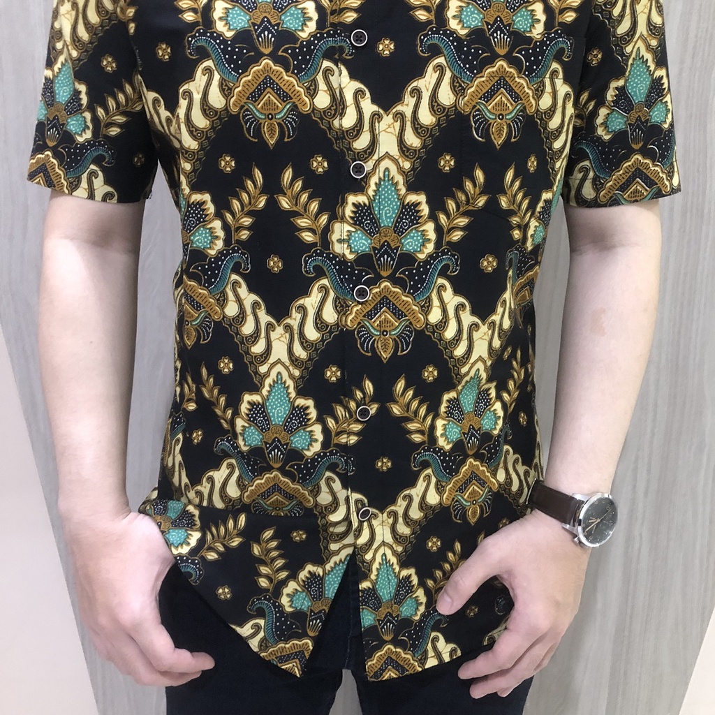 [GRIDLINE - S233 Maroon Brown, Dark Brown, Black Green] Kemeja Batik Slimfit Pria Katun Lengan Pendek Modern Simpel Keren Kekinian