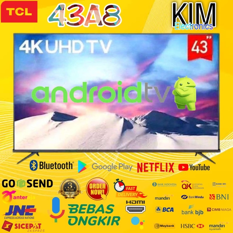 TCL LED TV 43 inch 43A8 SMART ANDROID 4K UHD DOLBY AUDIO - DIGITAL TV GARANSI RESMI