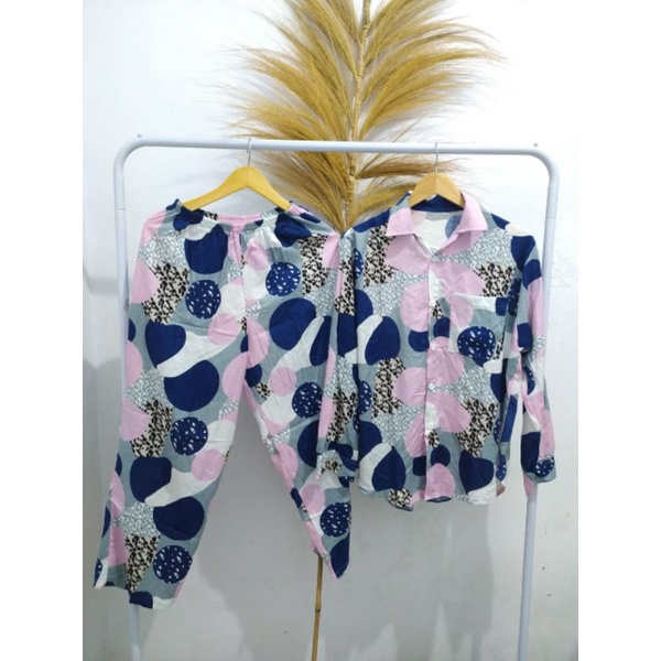 ONE SET PIYAMA SETELAN KEMEJA PANJANG WANITA RAYON