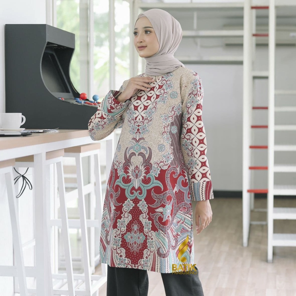 BAJU KEMEJA BATIK WANITA Prabuseno - MECCA MERAH Tunik Batik Wanita Lengan Panjang