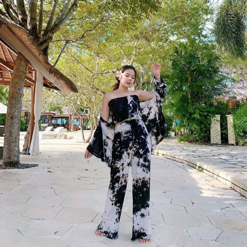 Setelan Wanita One Set Cardigan Kemben Celana Panjang Baju Tidur Ootd Pantai