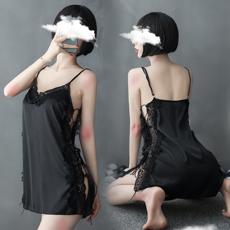 (COD) Lingerie Sexy Set G String Bahan Satin anpa Lengan Rok Mini Baju Tidur Seksi A512