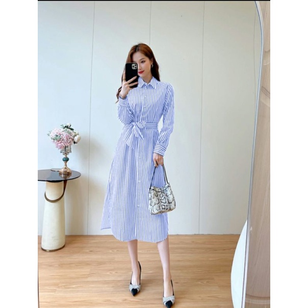 Casual Dress salur / obibon / Dress kemeja panjang Korean style terbaru / Dress katun stripe /Dres import lengan panjang / MIDI dress simple