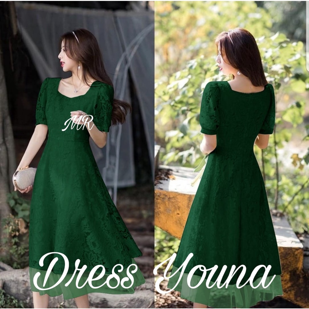 2 UKURAN L XL DRESS YOUNA PAKAIAN WANITA KEKINIAN BRUKAT LAPIS FURING MR ADA VIDEO PRODUK ASLI