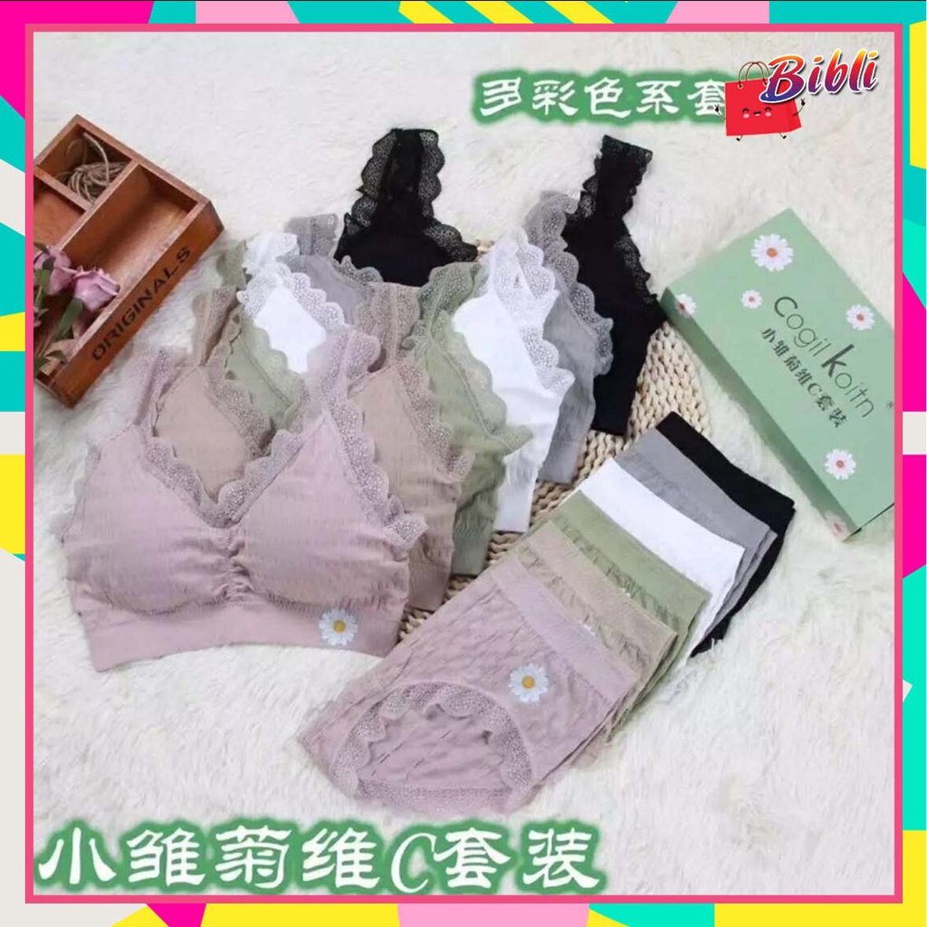 Bra Dan Celana Dalam Set Pakaian Dalam Wanita Renda Motif Bunga Daisy Fashion Korea 𝘽𝘽 497