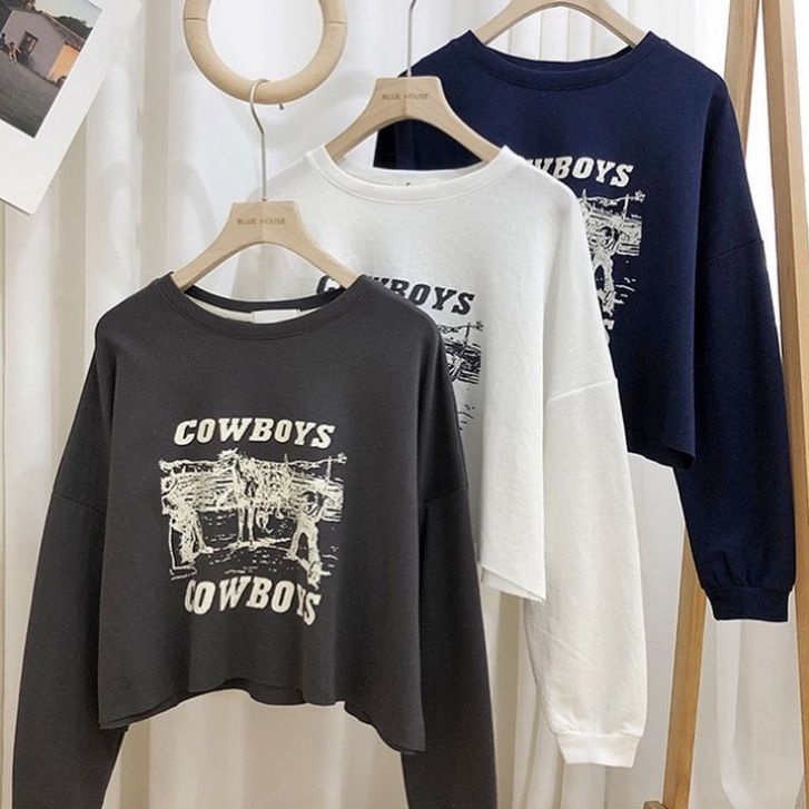 PM Fashion - Sweater Oversize Wanita - Cowboy Sweater Crop - Sweeter Fleece