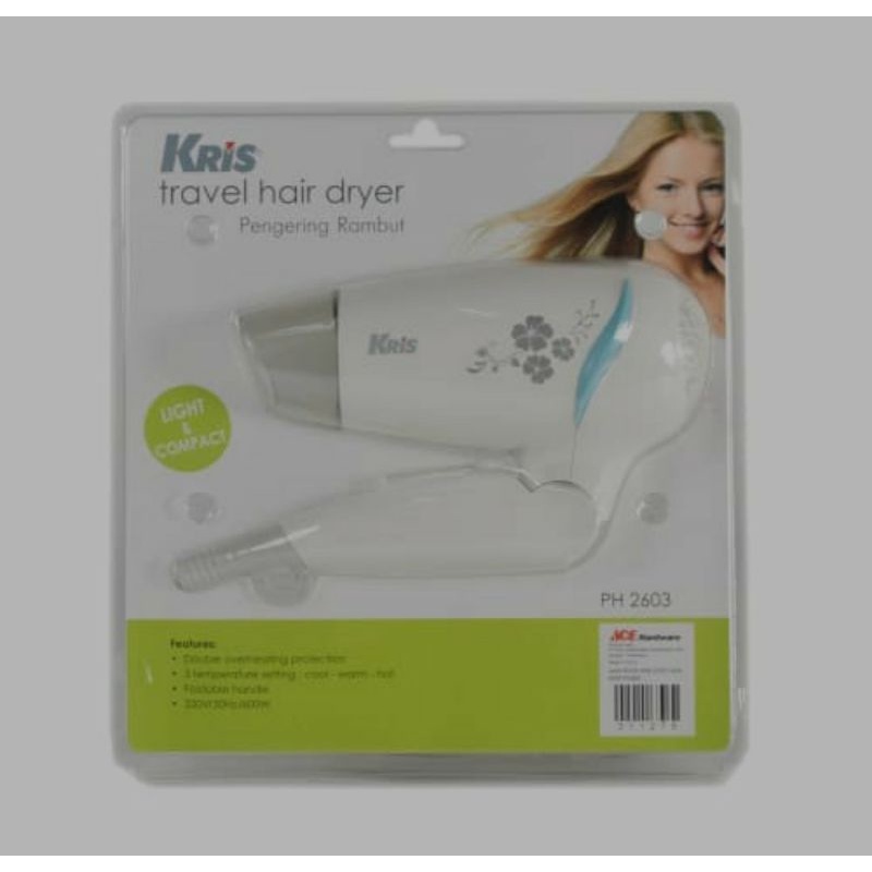 KRIS HAIR DRYER PH2603 PUTIH 600W/ACE HAIR DRYER W/ BLISTER CARD/ACE KRIS PENGERING RAMBUT 600WATT