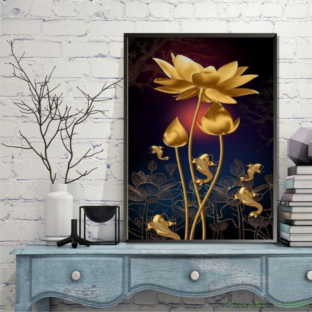 Hiasan Dinding Bunga motif gold ukuran besar 47x31 | Hiasan dinding minimalis | Hiasan dinding ukura