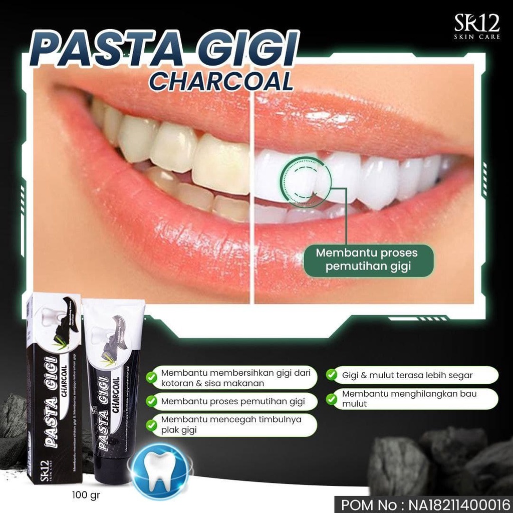 Pemutih Gigi Kuning SR12 Pasta Gigi Charcoal 100 gram Teeth Whitening Halal BPOM