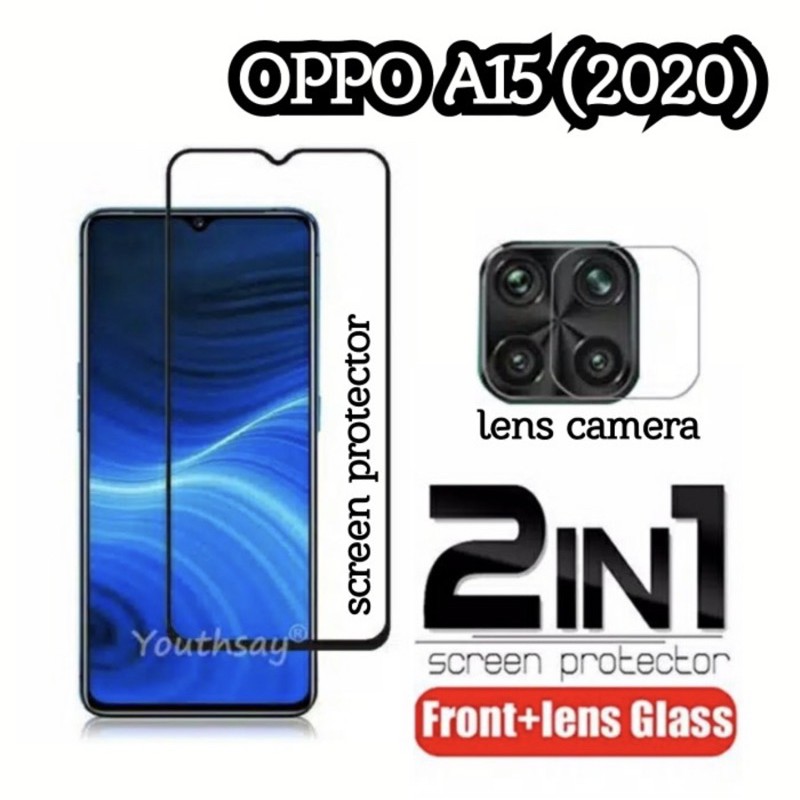 Tempered Glass Full Lem 9D Oppo A15 New + Tg Camera Lensa 2 in 1