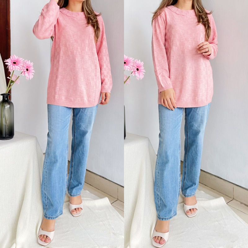 Ameli* pink &amp; mocca long sleeve soft knit top