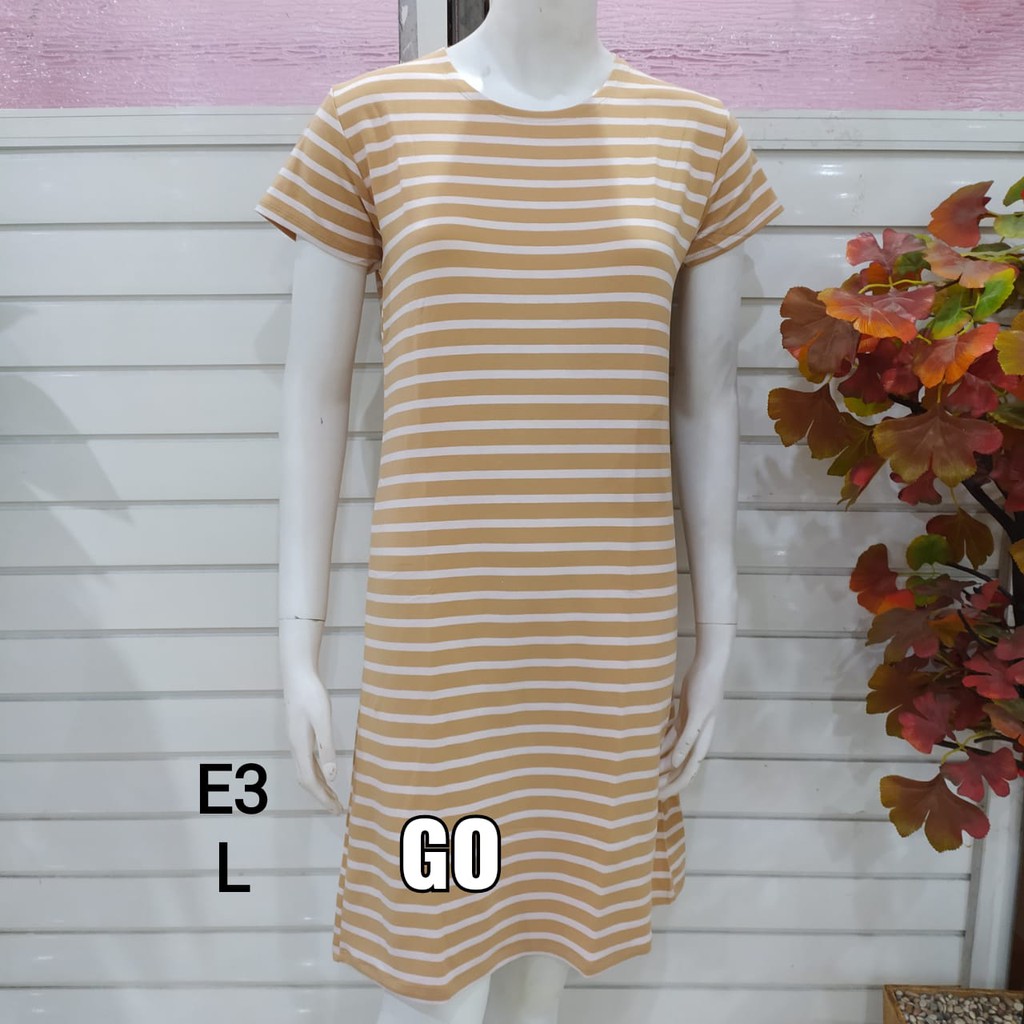 gof DS LMN DRESS/DASTER Wanita Casual Motif Garis Salur Pakaian Perempuan Lengan Pendek