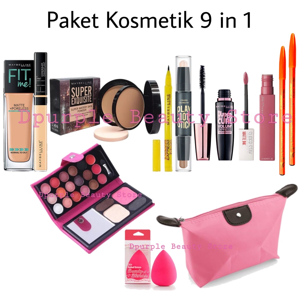 Paket Kosmetik Maybelline Super Hemat Lengkap 10 In 1 - Bedak Tabur - Bedak Padat &amp; Basah - Fondation - Concealer - Contour - Eyeshadow Dompet - Maskara - Eyeliner - Lipcream - Pensil Alis - Beauty Blender - Tas Kosmetik Pouch