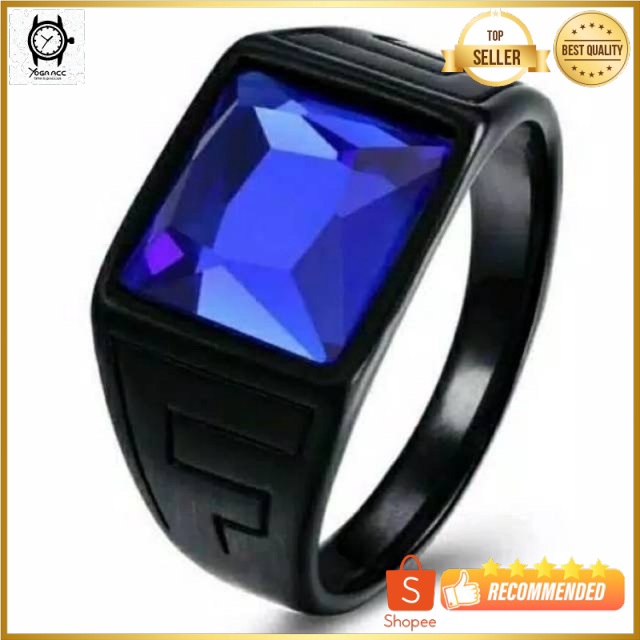 Cincin Pria Blue Saphire Octagon King Safir Red Rubi Ring Titanium Stainless Steel Black Platted High Quality