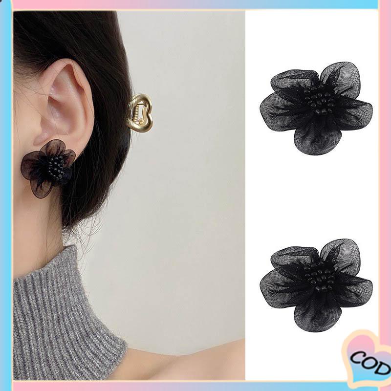 COD❤️Musim Gugur Musim Dingin Hitam Kasa Anting Bunga Trendi Temperamen Anting-Anting Wanita-A.one