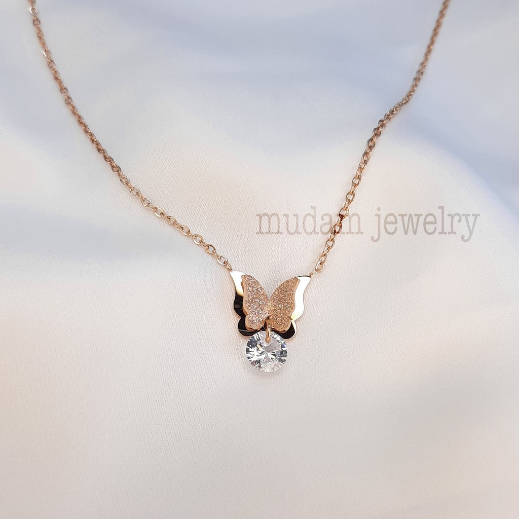 Kalung Titanium Kupu-Kupu Diamond Gantung Tersedia Warna Rosegold, Gold dan Silver