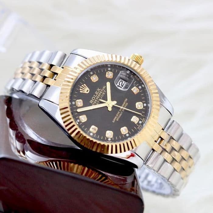 Jam Tangan Rolex Tanggal Aktif Free Box - Silver Kombi Gold Plat Hitam