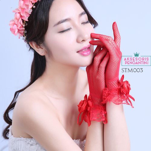 [BISA COD] AKSESORIS PENGANTIN SARUNG TANGAN RENDA WEDDING GLOVES MERAH STM003