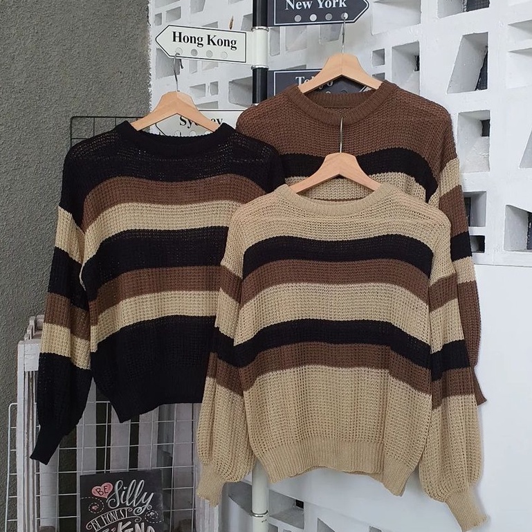 Freya Knite Sweater Rajut Ala Wanita Korean Outwear Motif Garis