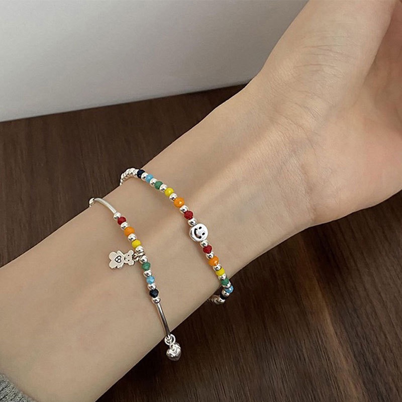 Gelang Tangan Manik-Manik Bulat Aksen Beruang / Hati / Smiley Warna Pelangi Ala Korea Untuk Wanita