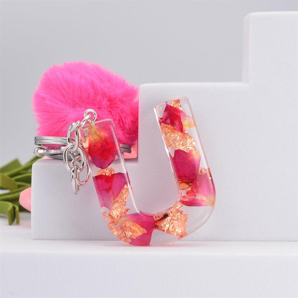 NEEDWAY Bunga Huruf Gantungan Kunci Resin Merah Pompom Liontin Kata Kerajinan Perhiasan Key Chains Rings Car Keyring 26huruf Gantungan Kunci