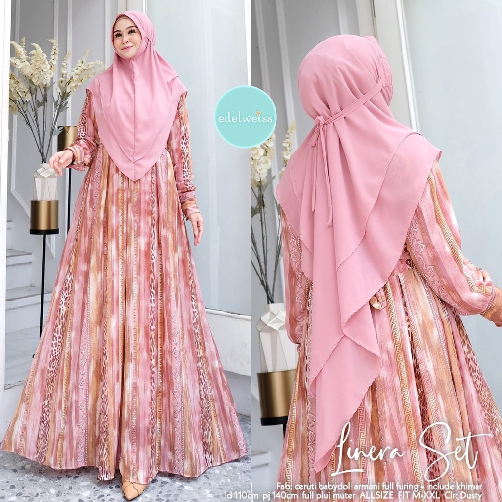 LINERA SET GAMIS SYAR'I INCLUDE KHIMAR BY EDELWEIS LD. 110CM PB. 140CM BAHAN CERUTY BABYDOLL ARMANI 