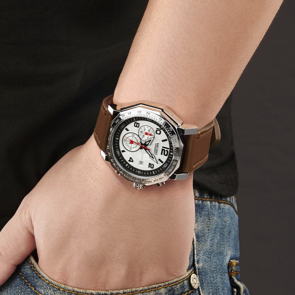 MEGIR 2048 Jam Tangan Pria Analog Chronograph Tali Kulit WATCHKITE WKOS