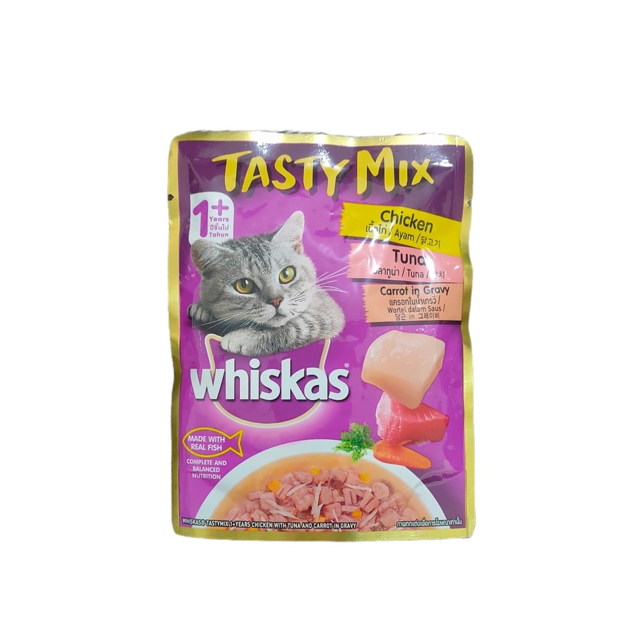 Whiskas Tasty mix rasa Chicken,tuna,carrot in gravy 70gr