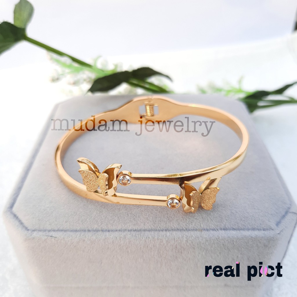 Gelang Bangle Titanium Dua Kupu-Kupu Diamonds Artifisial Warna Rose Gold, Gold dan Silver