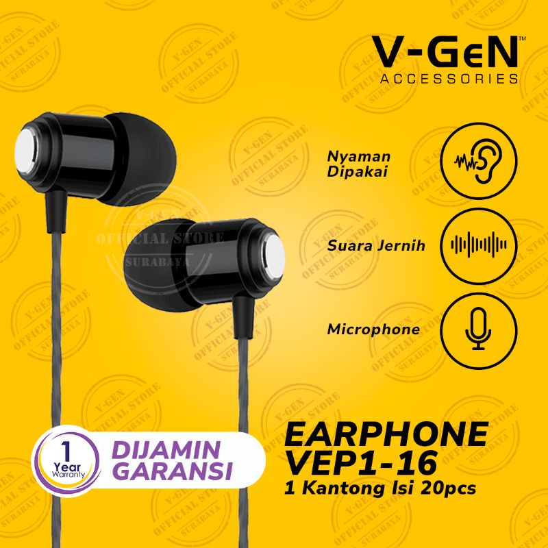 Headset Murah V-GeN VEP1-16 Wired Handsfree Earphone Headset HiFi Sound 1 Pack@20pcs